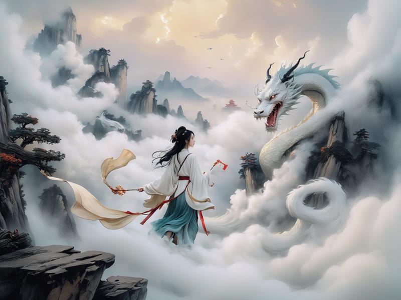 04093-6-A young Chinese girl,adorned in a pure white robe,rides upon the back of a majestic Chinese dragon. The pair soars high above th.png